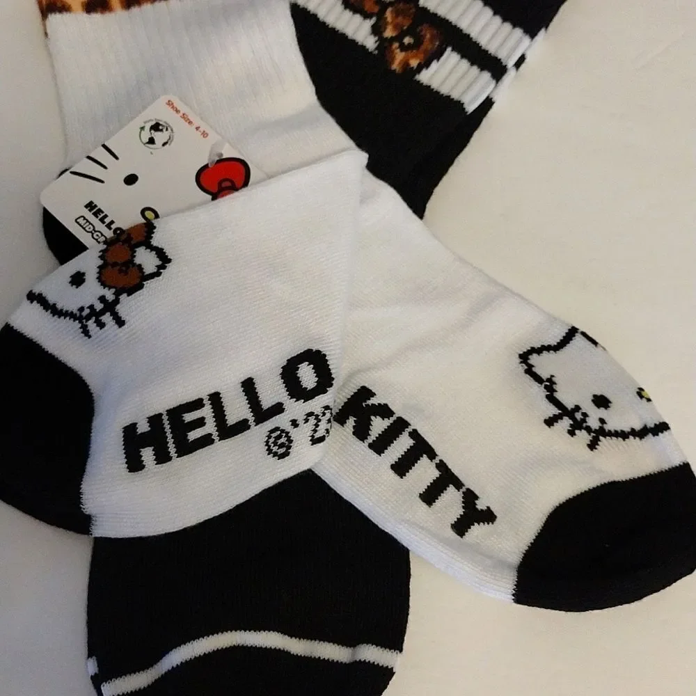 Hello Kitty Black White Cheetah Print‎ 2 Pairs Mid Crew Socks NWT